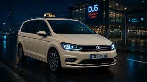 Representación fotorrealista de un VW Touran color marfil para traslados al aeropuerto en Gelsenkirchen